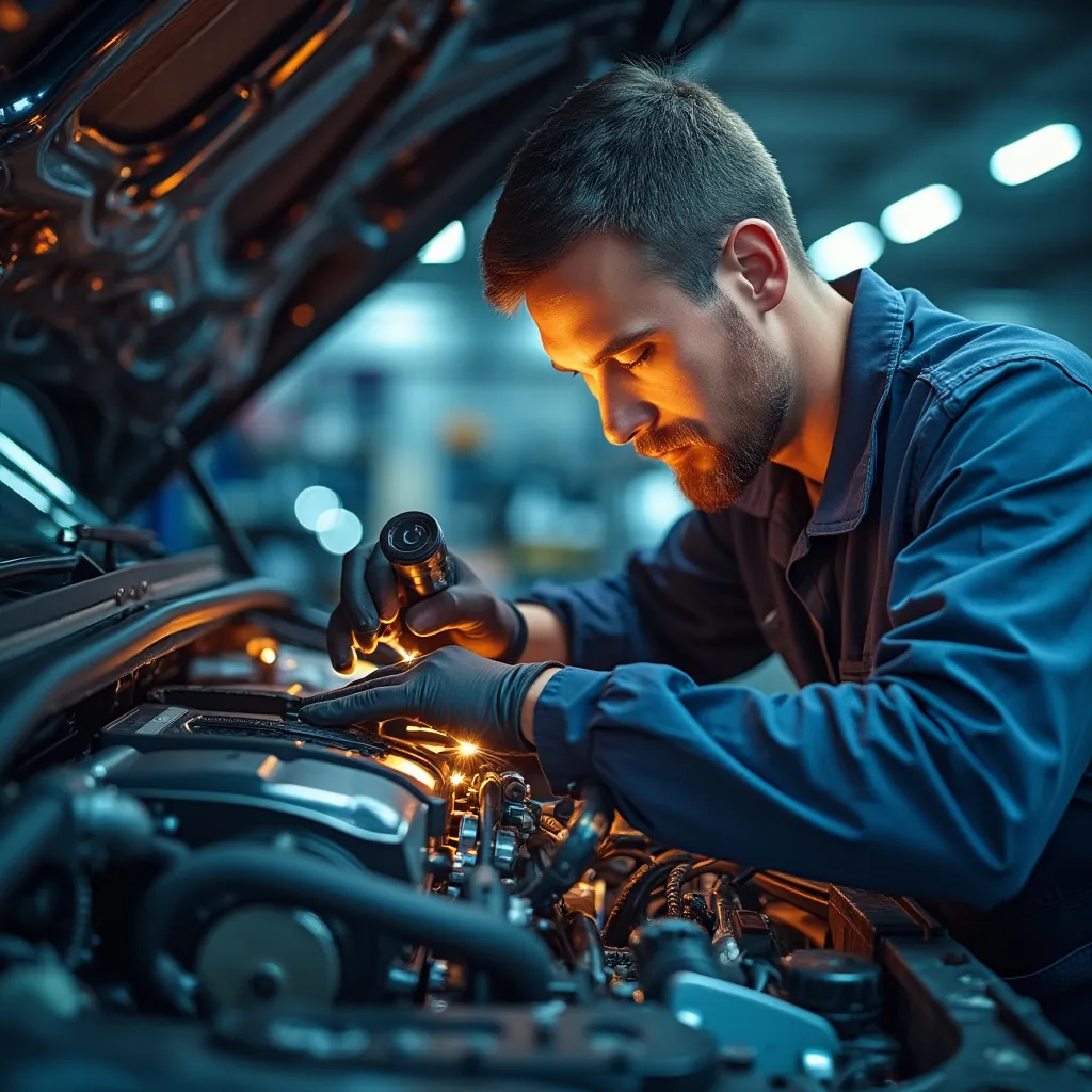 Mecânico reparando motor de veículo com ferramentas avançadas