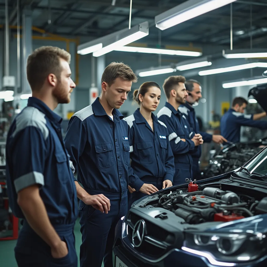 Equipe de mecânicos trabalhando em uma oficina