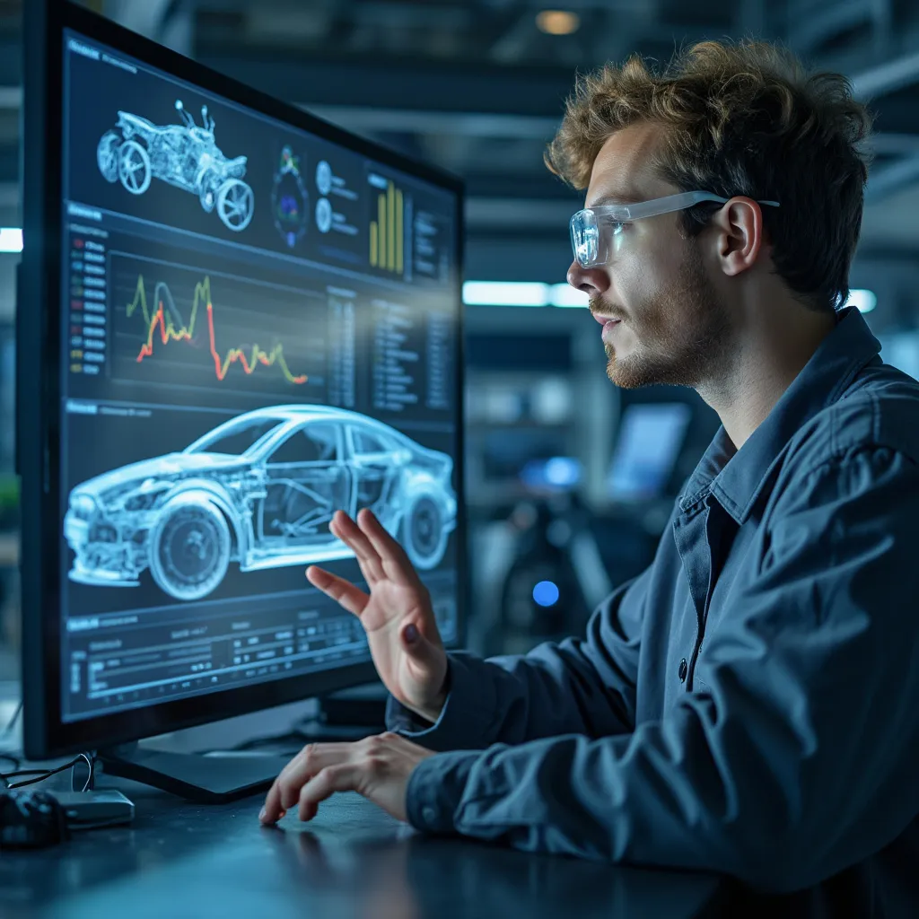 Engenheiro analisando dados de protótipo de automóvel